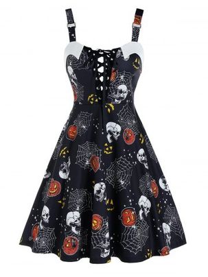 Halloween Pumpkin Skull Print Lace Up Mini Cami Dress