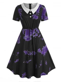 Plus Size Drawstring Tie Dye 50s Dress - PURPLE - L