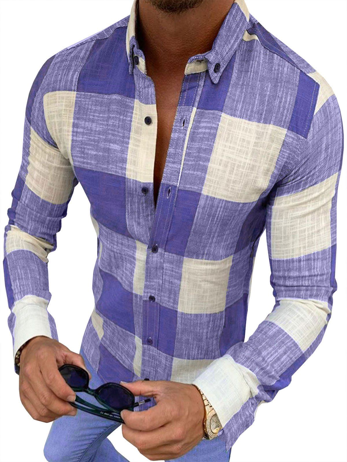 

Gingham Plaid Print Button Down Casual Shirt, Blue gray