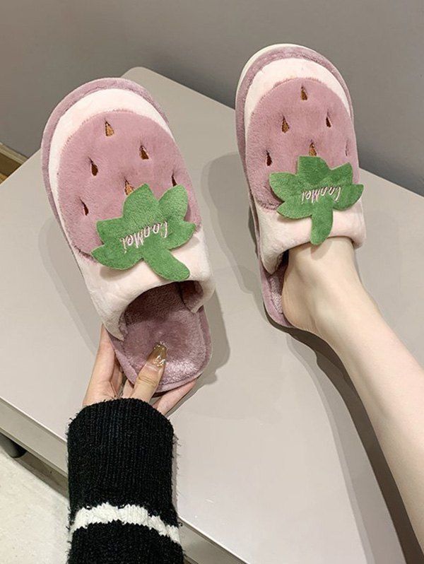 

Strawberry Pattern Winter Plush Flat Slippers, Wisteria purple