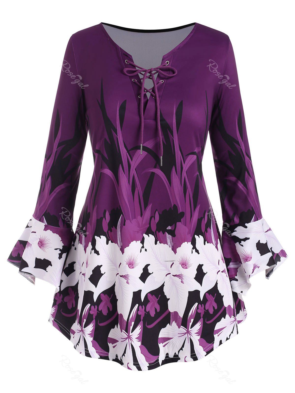 Fashion Plus Size Floral Print Bell Sleeve Lace Up Top  
