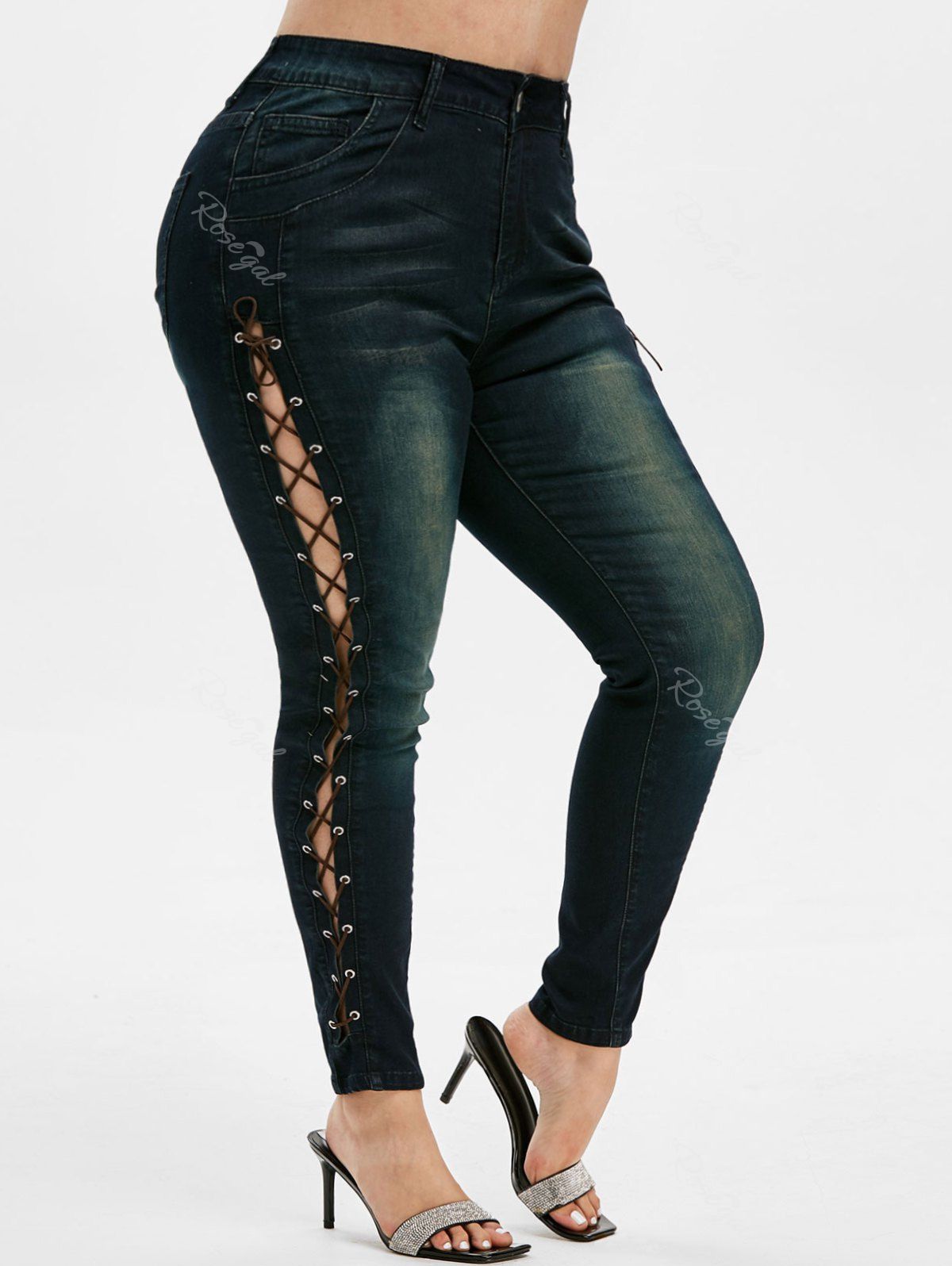 

High Waisted Lace Up Plus Size Skinny Jeans, Deep blue