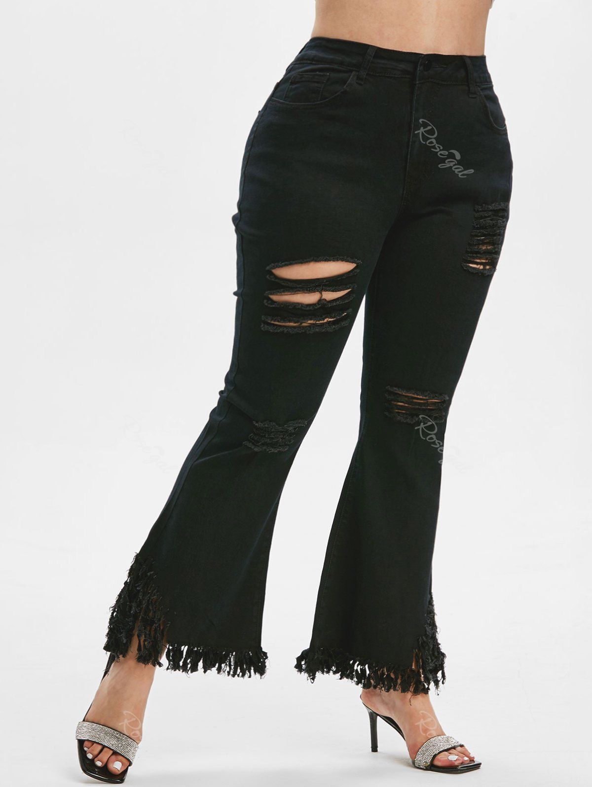 

Frayed Hem Distressed Plus Size Flare Jeans, Black