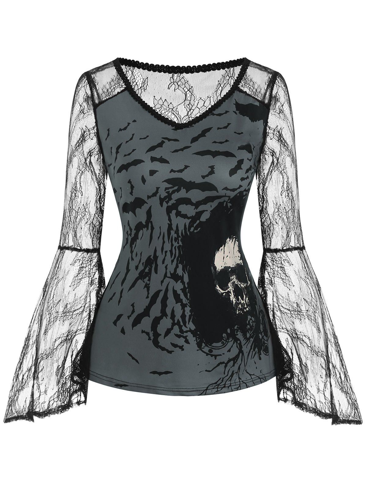 

Lace Panel Flare Sleeve Bat Skull Holloween Top, Black