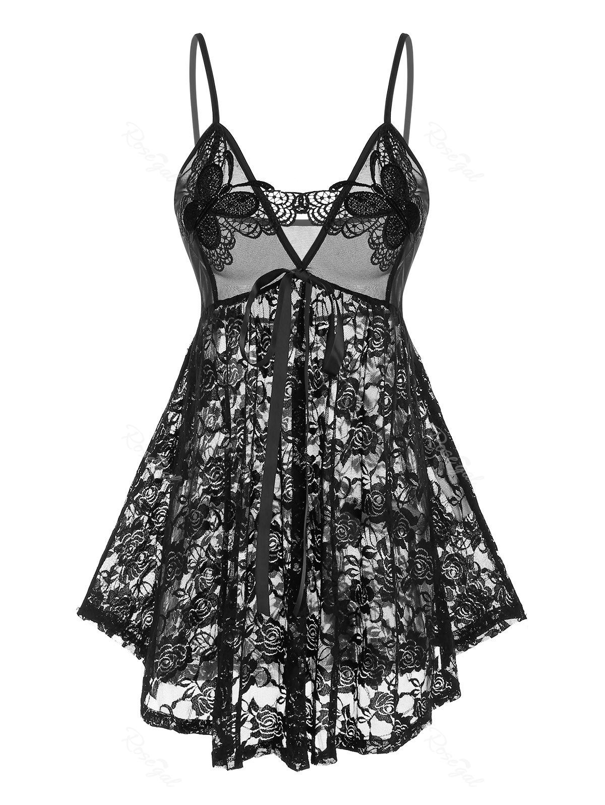 

Plus Size Lace Sheer Butterfly Applique Cami Babydoll Set, Black