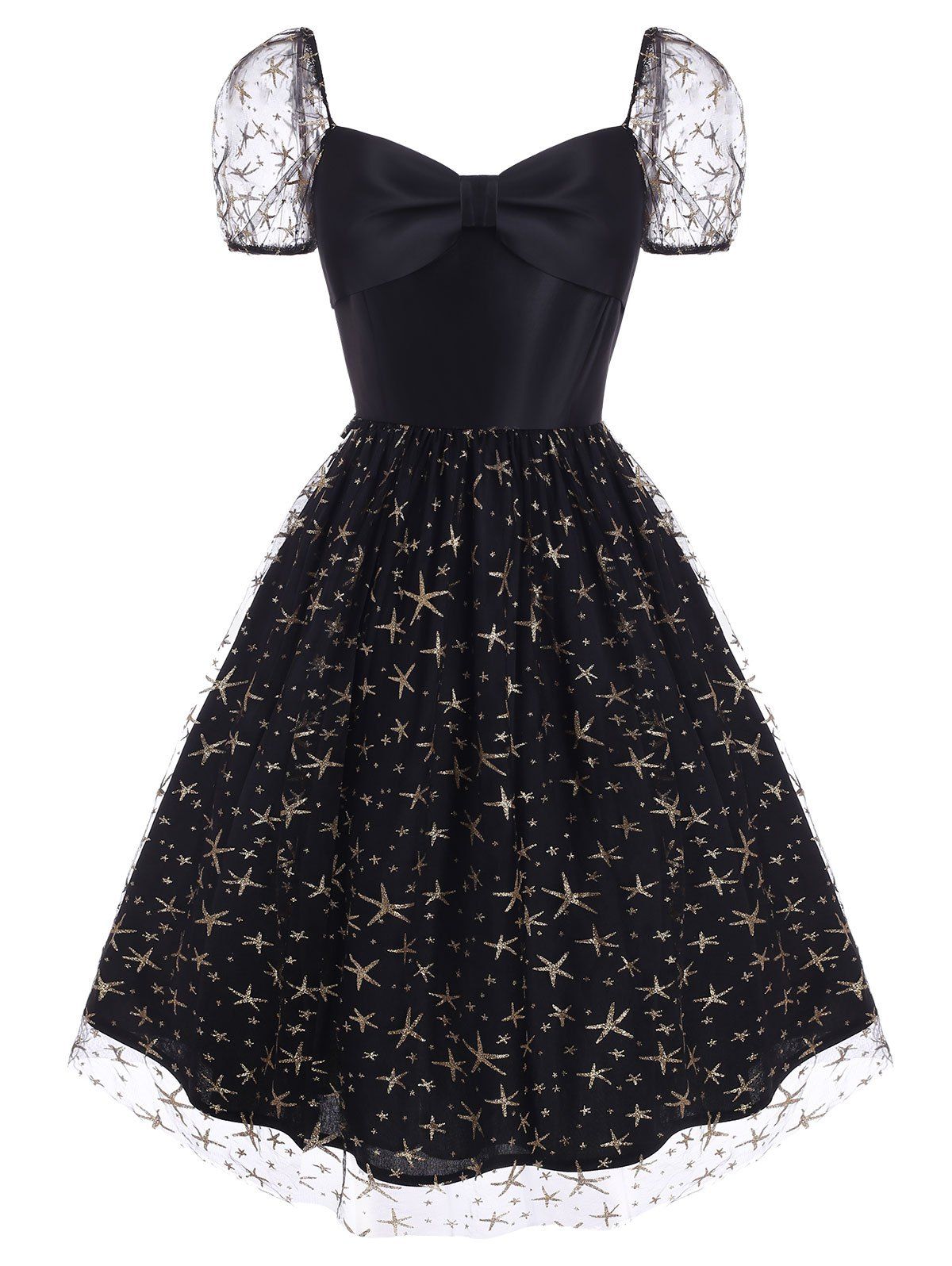 

Sparkly Star Lace Insert Sweetheart Bowknot Dress, Black