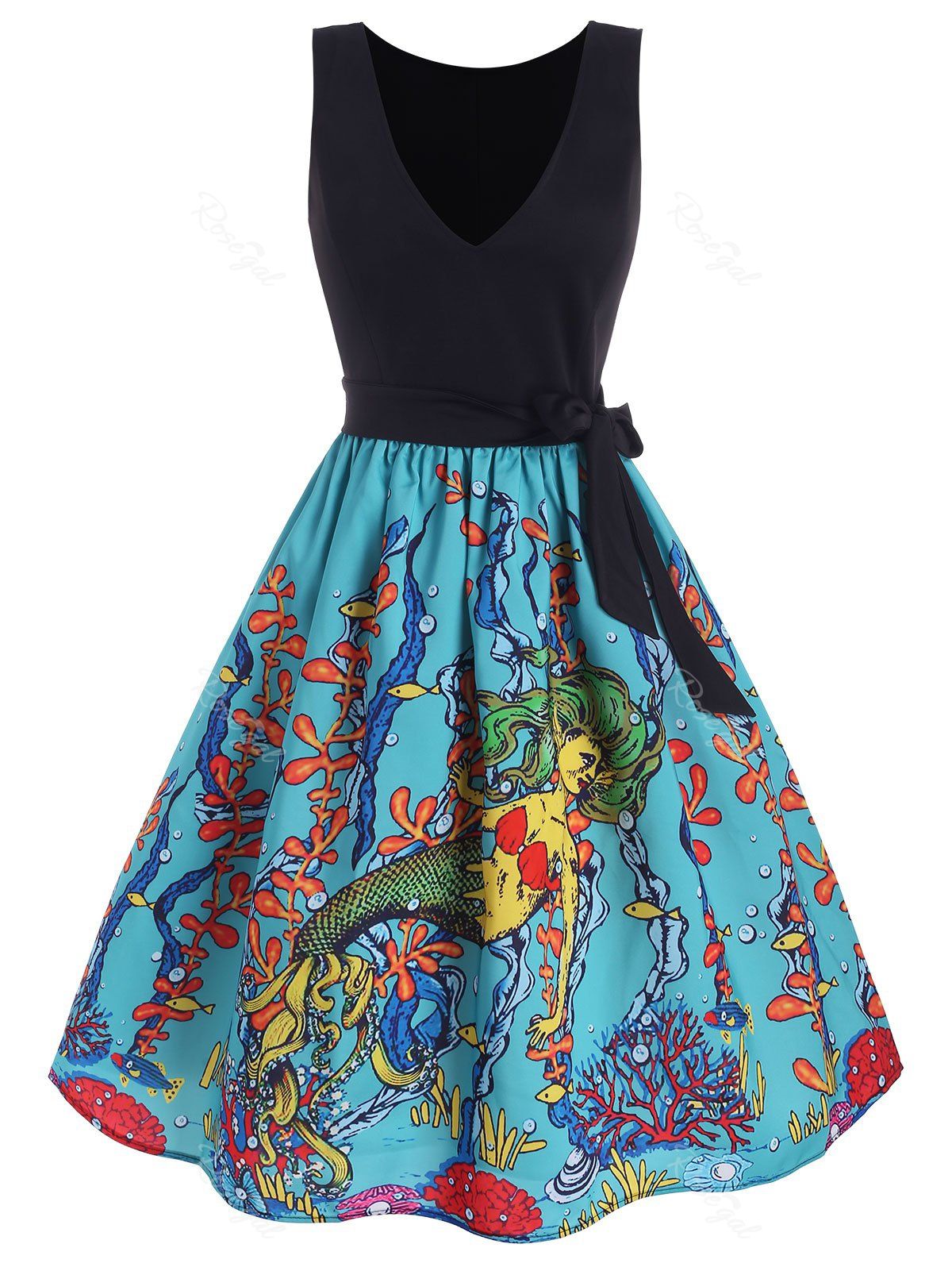 Outfit Plunging Marine Mermaid Print Belted Dress  