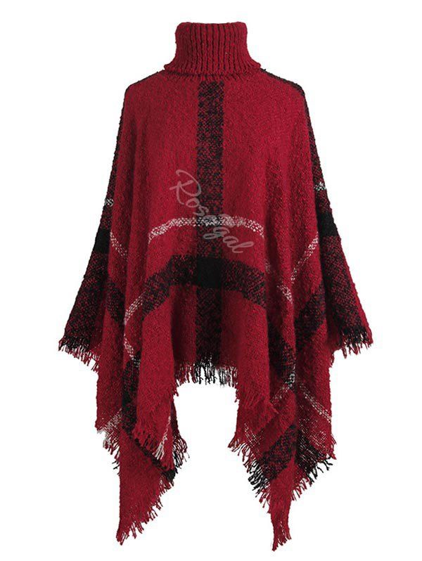 

Plus Size Asymmetric Turtleneck Plaid Poncho Sweater, Deep red