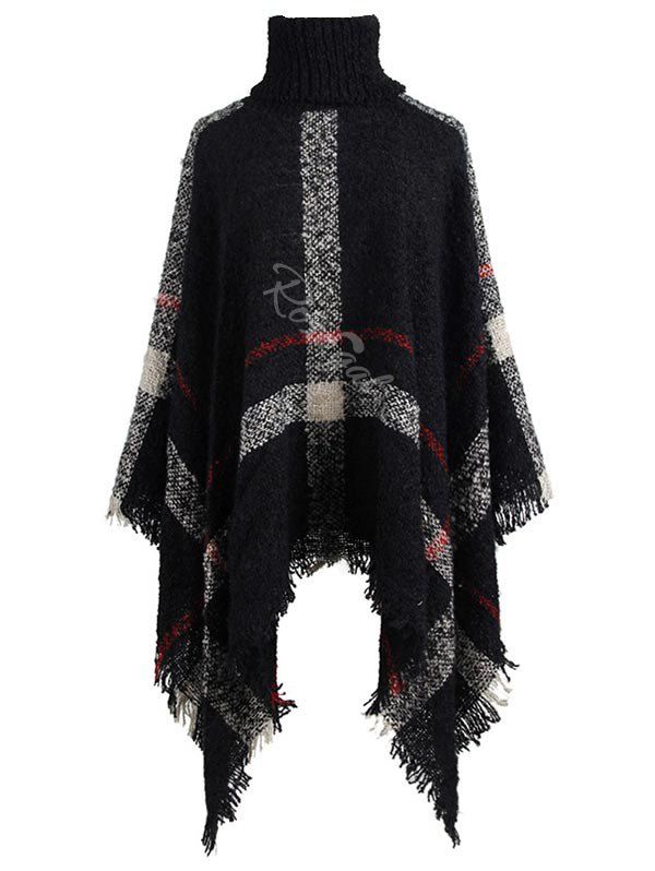 

Plus Size Asymmetric Turtleneck Plaid Poncho Sweater, Black