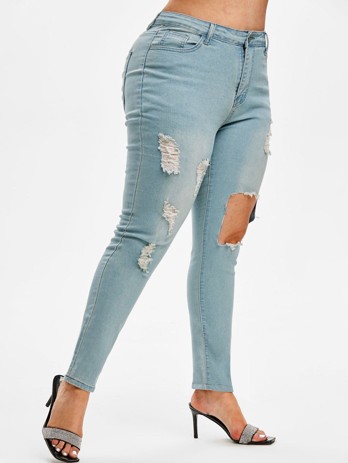 

Distressed Cut Out Plus Size Skinny Jeans, Light blue