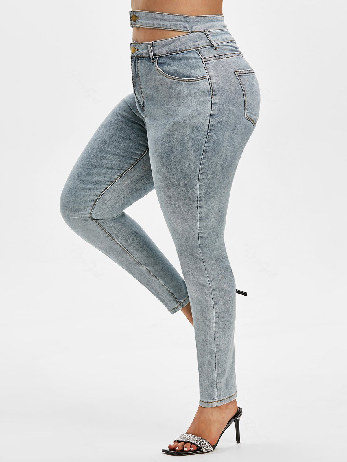 

High Waisted Plain Cut Out Plus Size Skinny Jeans, Light blue