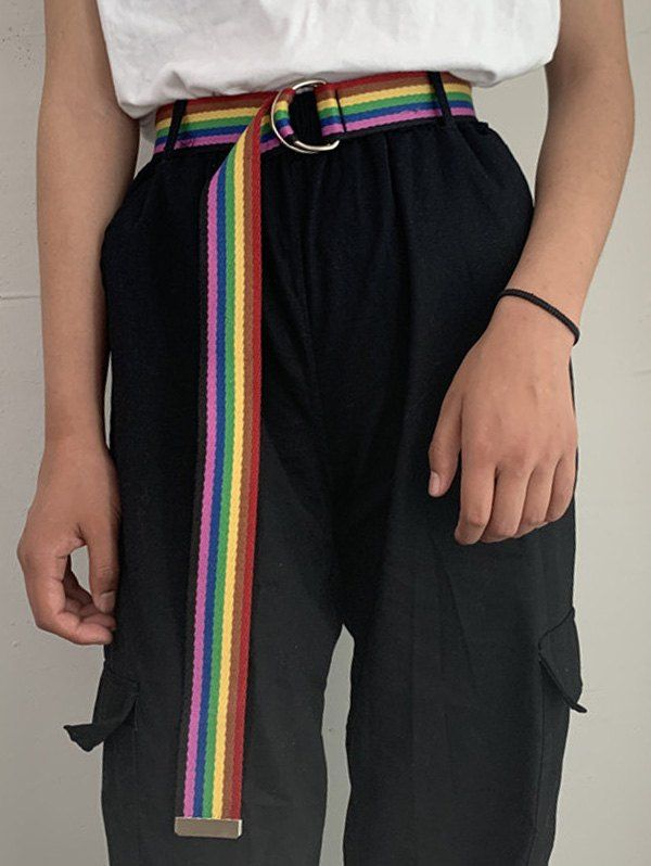 

Rainbow Color Striped Canvas Woven Belt, Multi-a