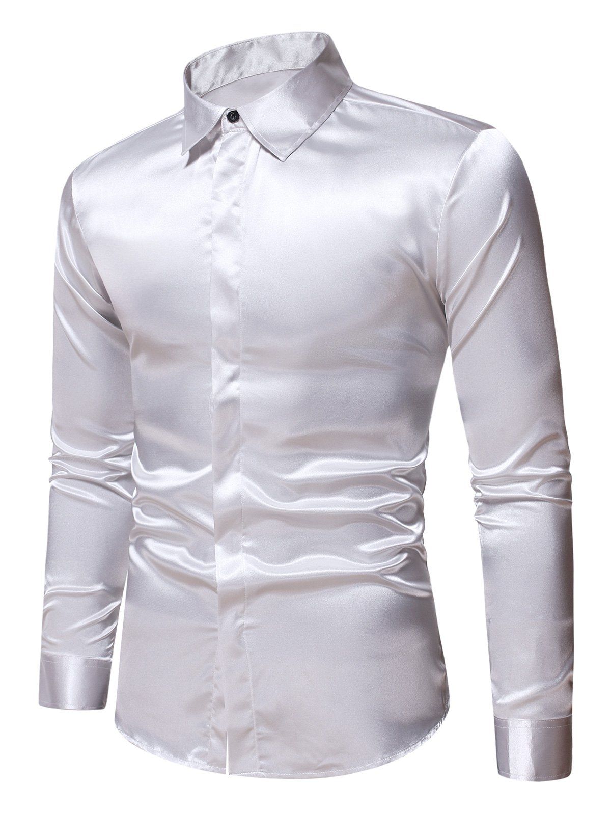 

Plain Satin Button Up Long Sleeve Shirt, Silver