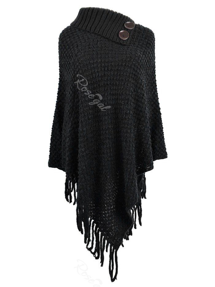 

Plus Size Fringe Asymmetric Poncho Sweater, Black