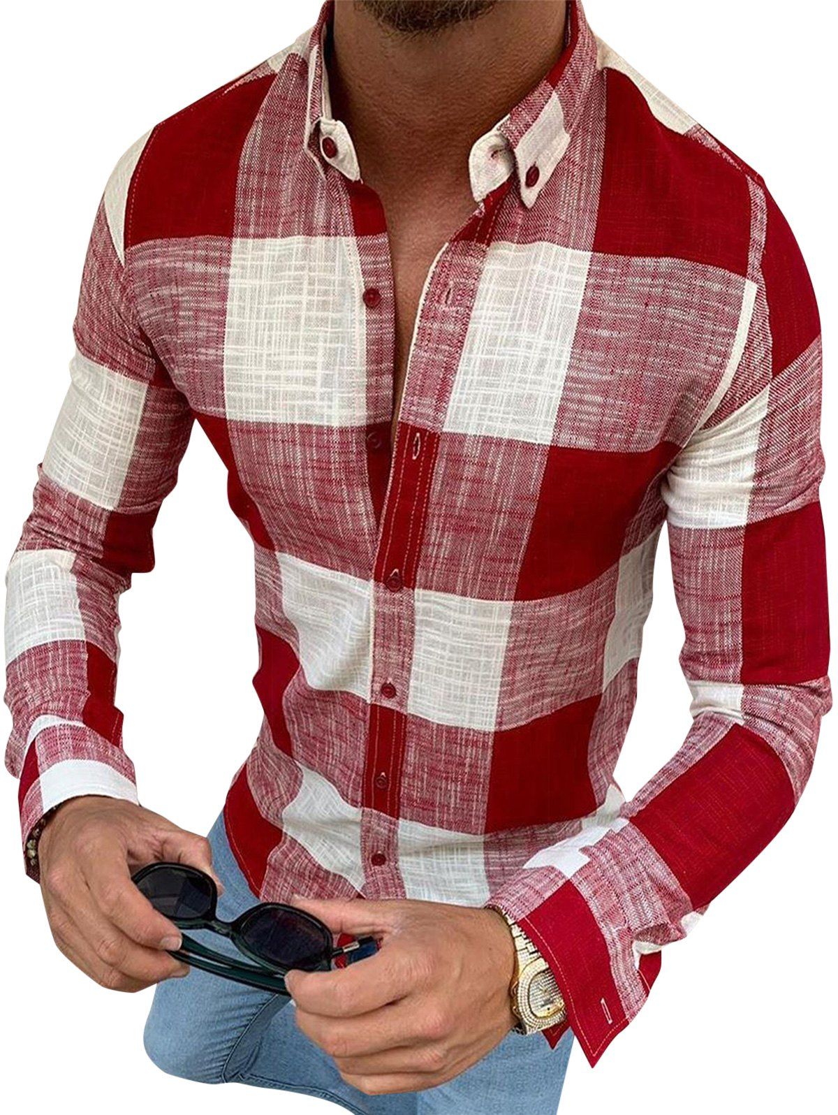 

Gingham Plaid Print Button Down Casual Shirt, Red