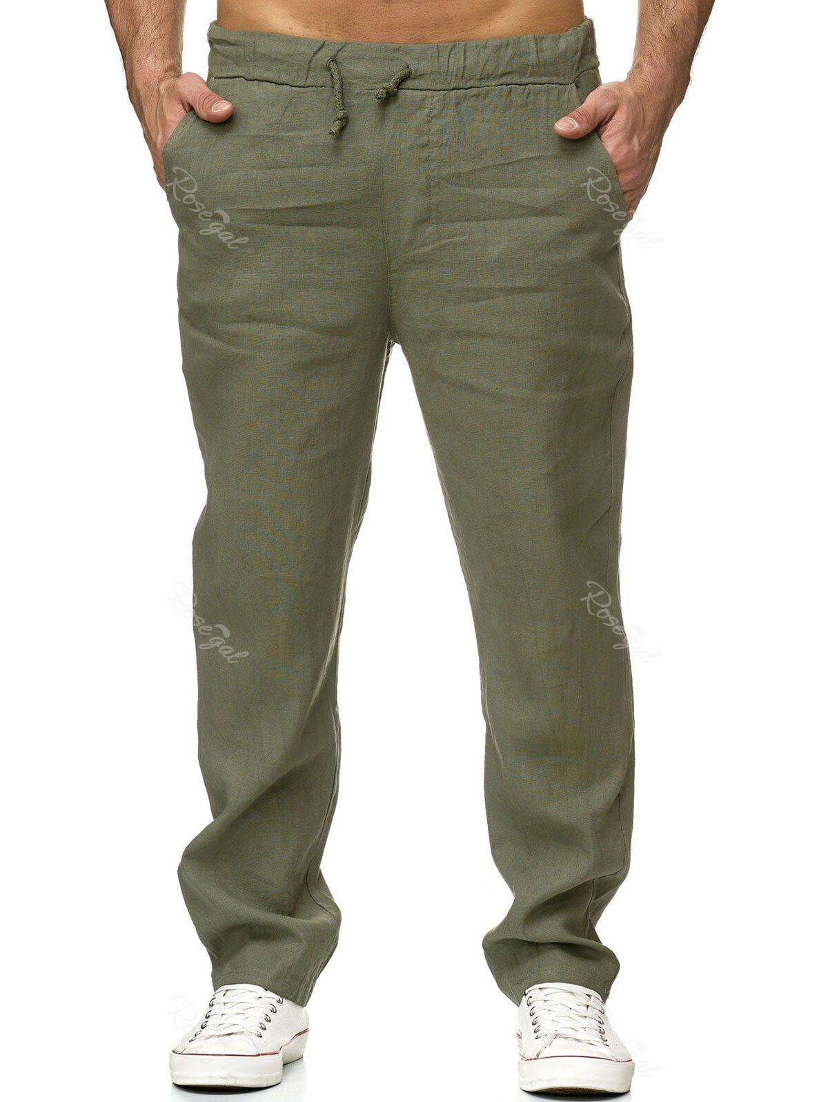 

Solid Long Straight Elastic Waist Pants, Army green