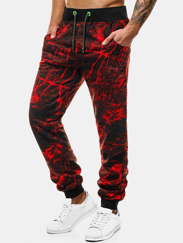 

Marble Cracked Print Drawstring Jogger Pants, Red