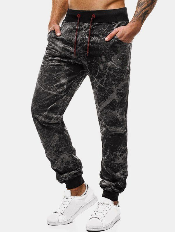 

Marble Cracked Print Drawstring Jogger Pants, Gray