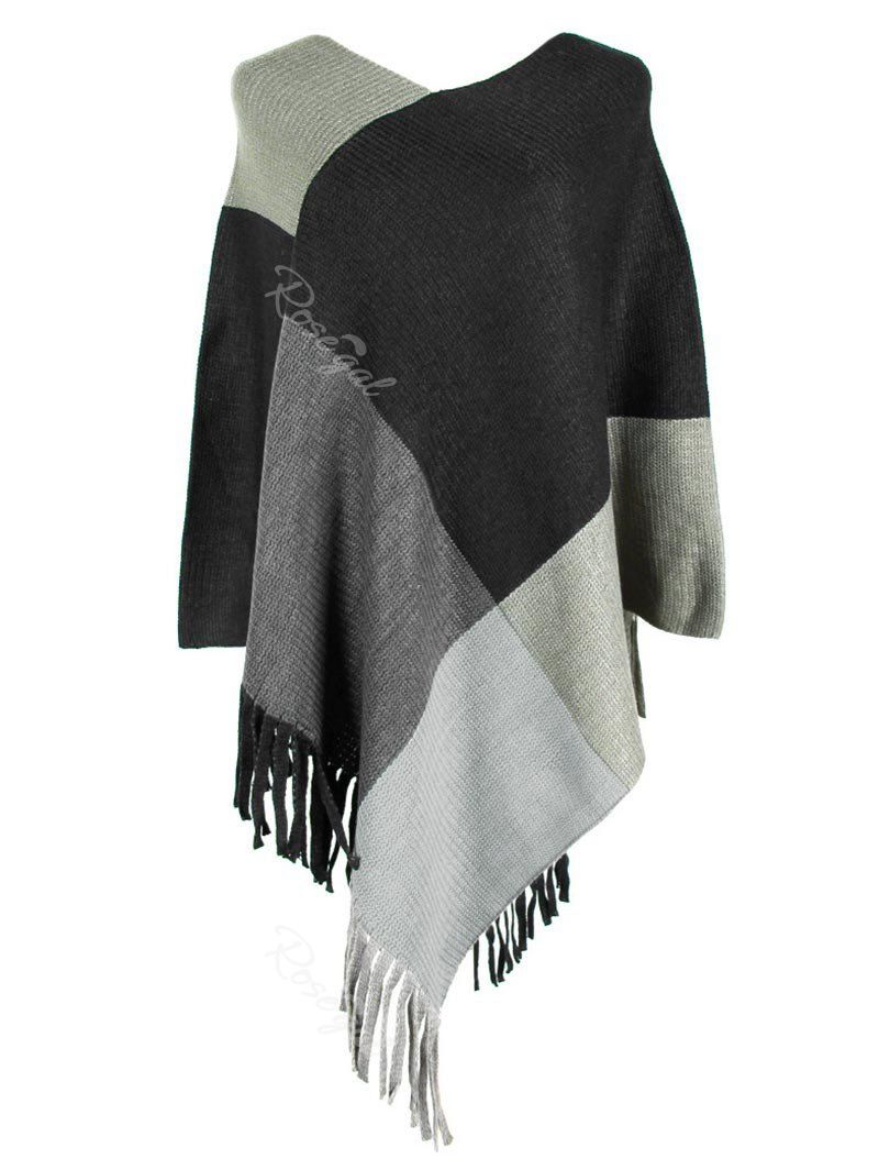 

Plus Size Fringe Colorblock Poncho Sweater, Dark gray