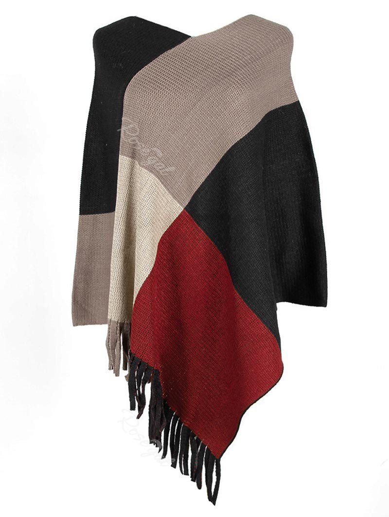 

Plus Size Fringe Colorblock Poncho Sweater, Black