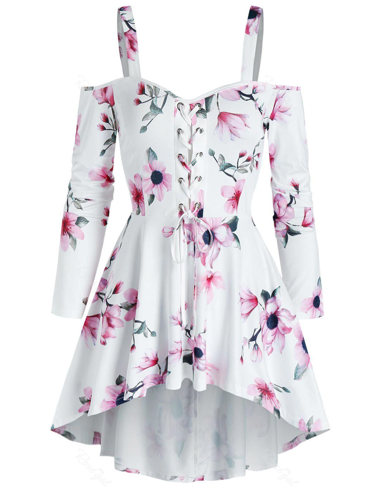 

Flower Print Cold Shoulder Lace-up High Low Dress, White