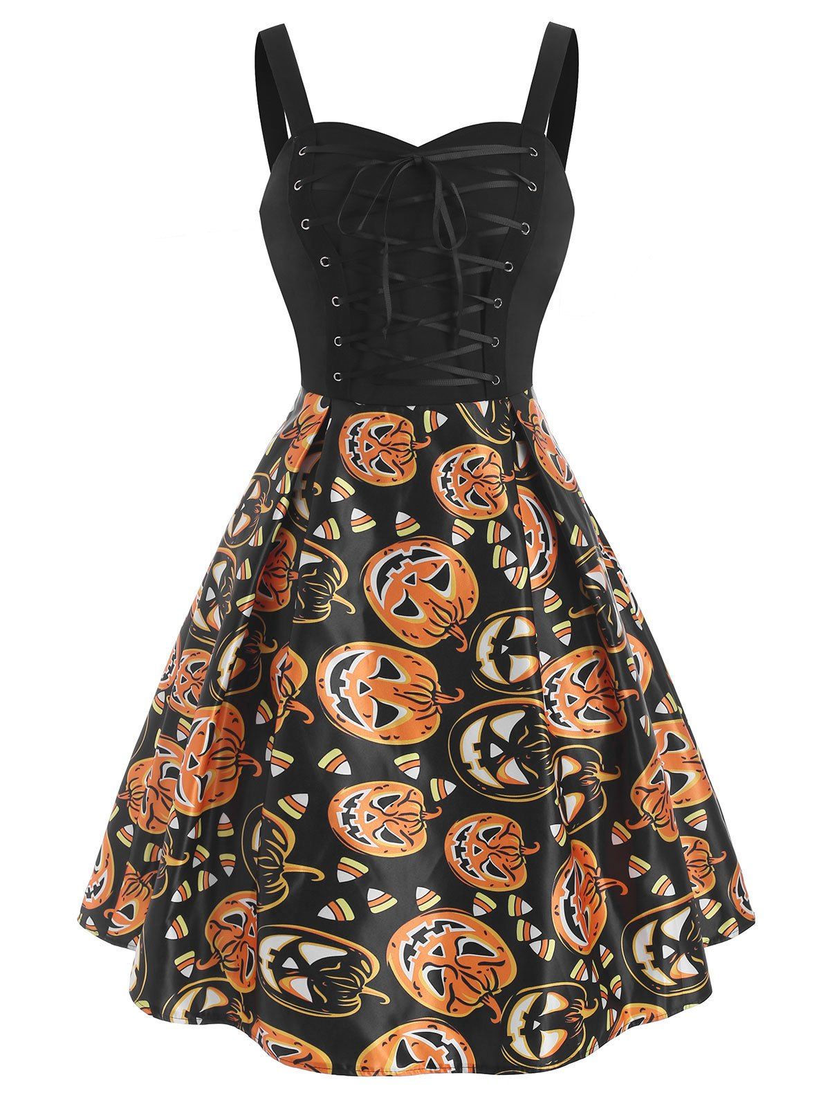 

Halloween Pumpkin Lace Up Sleeveless Dress, Orange