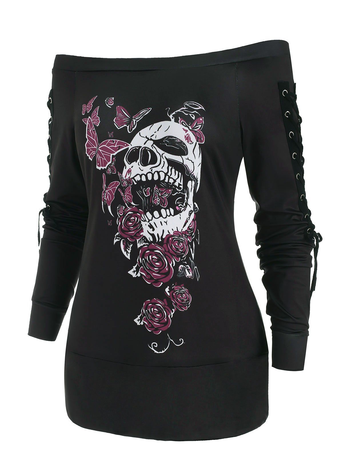 

Butterfly Skull Lace Up Holloween Top, Black