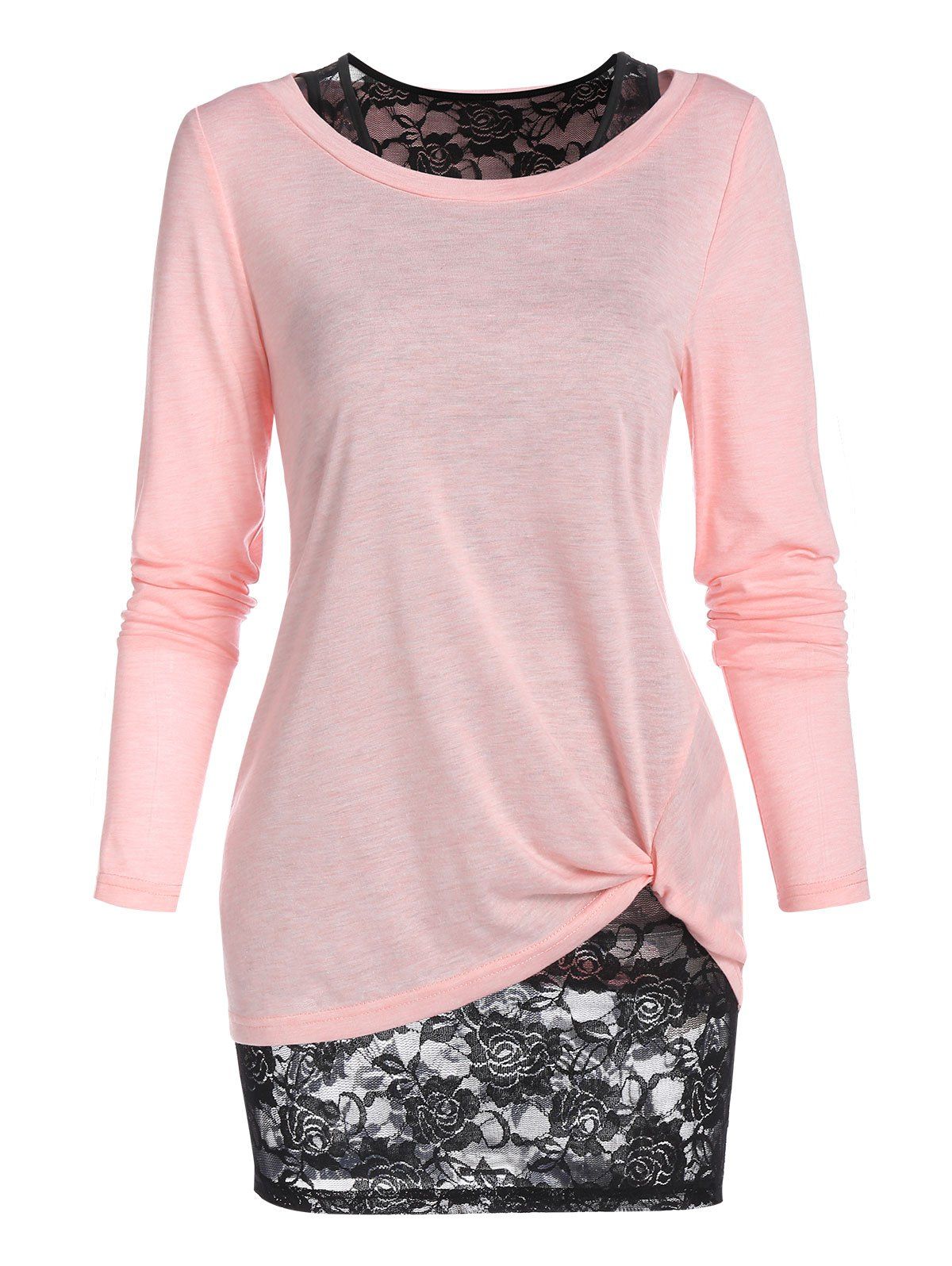 

Long Sleeve Twisted T-shirt and Flower Lace Tank Top, Pig pink