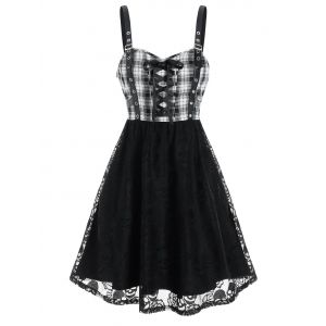 

Halloween Skull Lace Insert Plaid Print Sleeveless Dress, Black