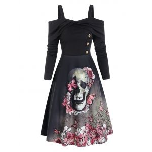 

Floral Skull Pattern Mock Button Cold Shoulder Mini Dress, Black