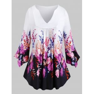 

Plus Size Bell Sleeve Floral Print T Shirt, White