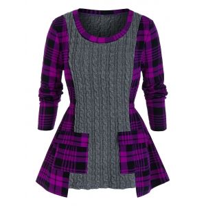 

Plus Size Plaid Mixed-media Cable Knit Pocket Sweater, Purple iris