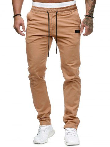 Plain Leather Detail Casual Straight Pants - KHAKI - S