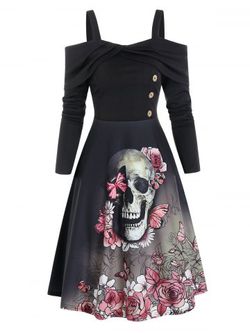 Floral Skull Pattern Mock Button Cold Shoulder Mini Dress - BLACK - L