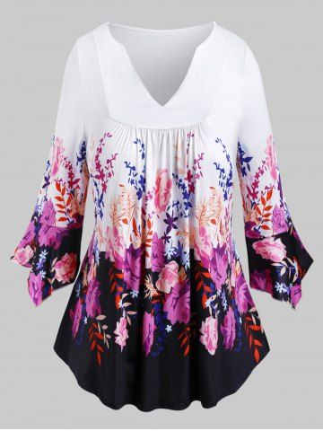 Plus Size Bell Sleeve Floral Print T Shirt - WHITE - L