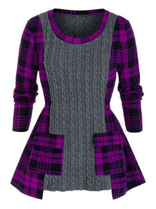 Plus Size Plaid Mixed-media Cable Knit Pocket Sweater
