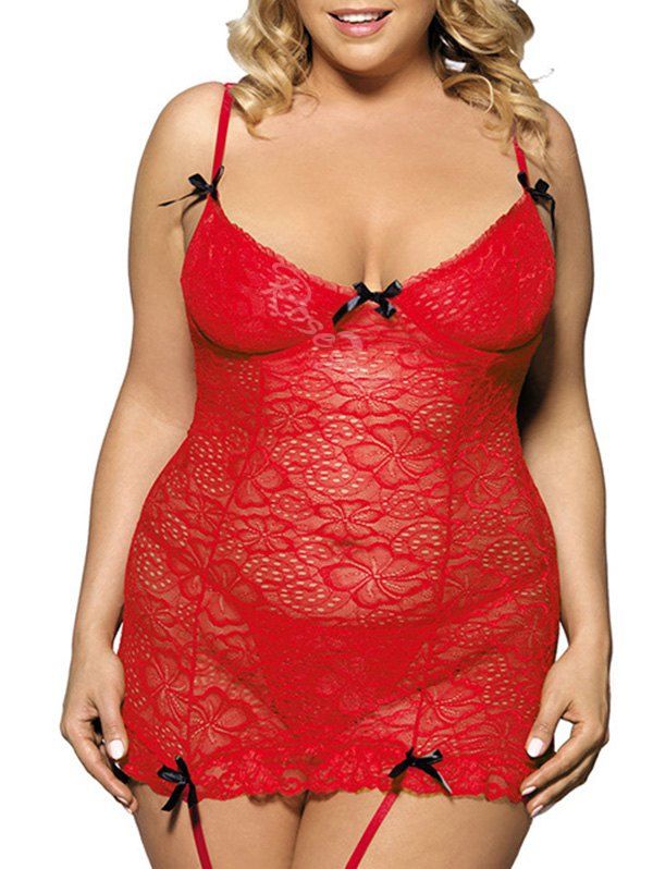 Plus Size Cutout Gartered Sheer Lace Lingerie Set [47 Off] Rosegal