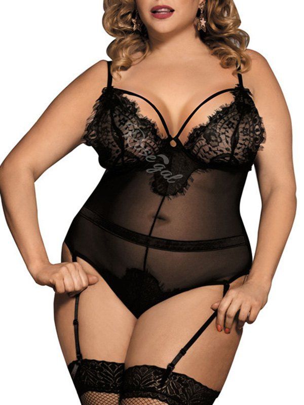 

Plus Size Gartered Underwire Lingerie Bodysuit, Black