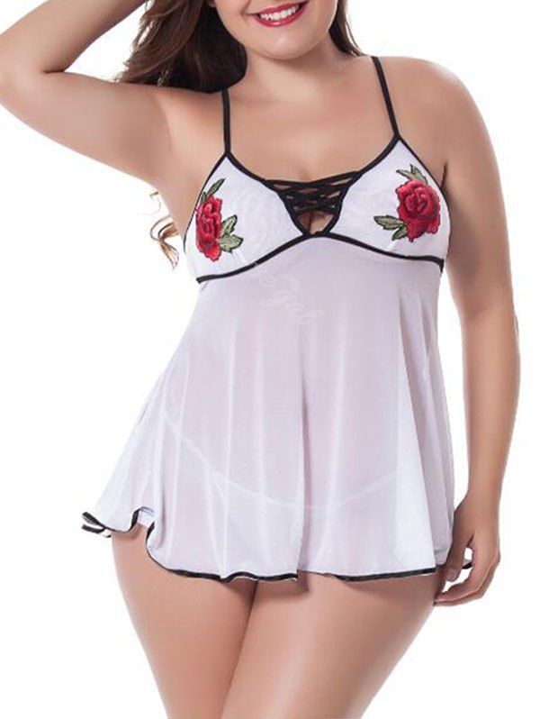 

Plus Size Crisscross Flower Applique Babydoll Set, White