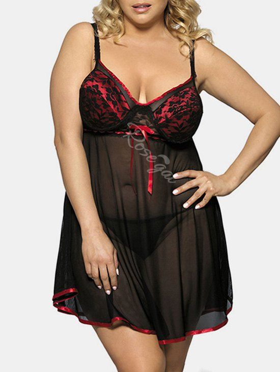 

Plus Size Lingerie Sheer Mesh Babydoll Set, Red