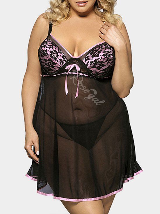 

Plus Size Lingerie Sheer Mesh Babydoll Set, Light pink