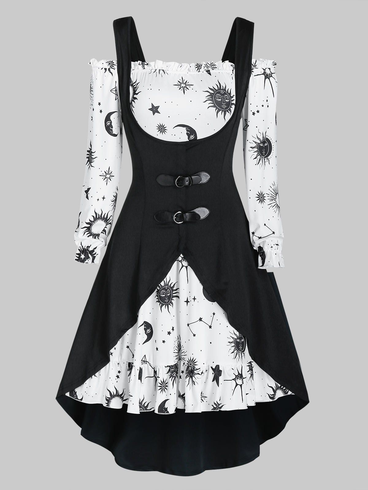 

Sun Moon Star Print Mini Dress and Buckle High Low Vest, White