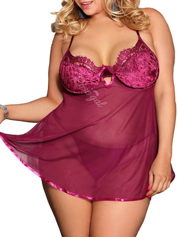 

Plus Size Back Split Sheer Mesh Cutout Babydoll Set, Deep red