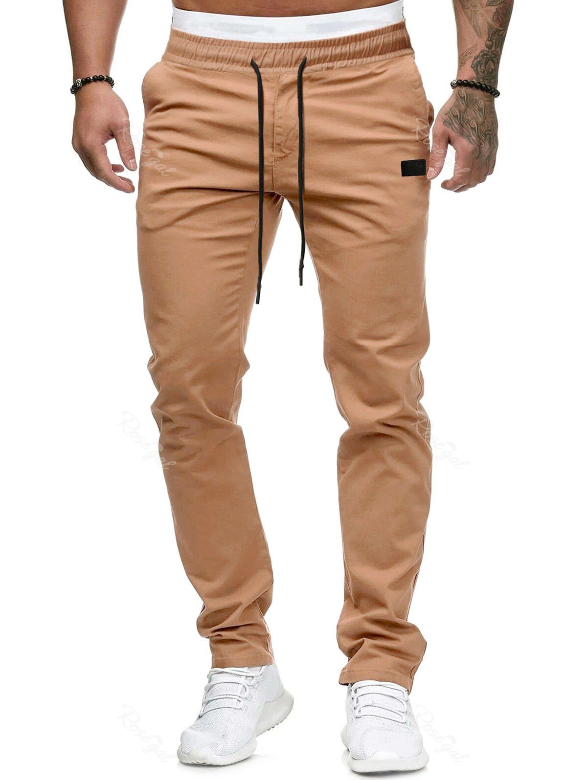 

Plain Leather Detail Casual Straight Pants, Khaki