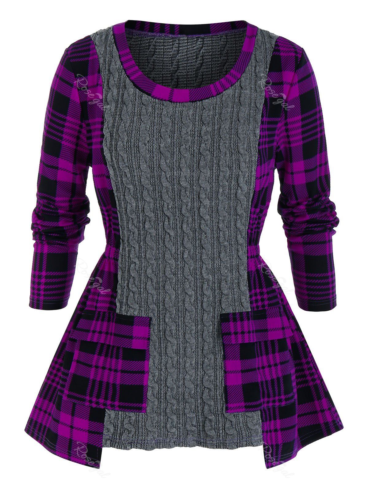 Fashion Plus Size Plaid Mixed-media Cable Knit Pocket Sweater  
