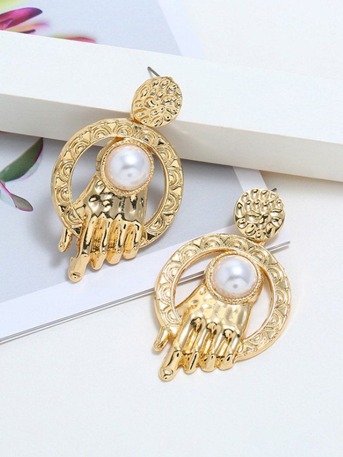 

Carved Faux Pearl Hand Shape Earrings, Golden