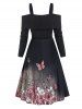 Floral Skull Pattern Mock Button Cold Shoulder Mini Dress -  