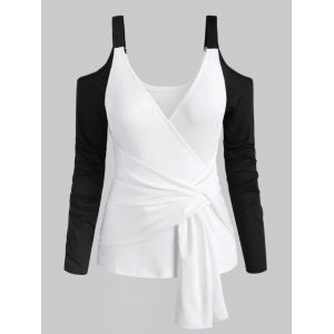 

Plus Size Crossover Two Tone Cold Shoulder Tee, White