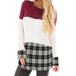 

Colorblock Plaid Long Sleeve Top, Deep red