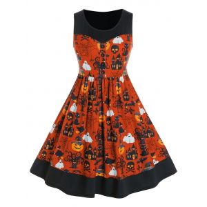 

Plus Size Halloween Ghost Print Button Dress, Halloween orange